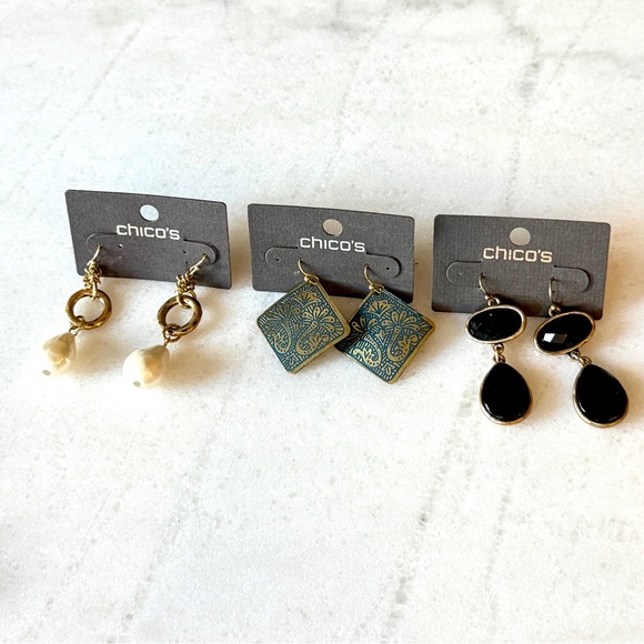 Chico's Gold Earrings Trio NWT Pearls Artisan Black Drops - Picture 8 of 8